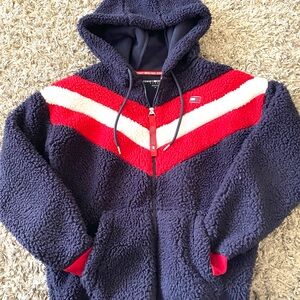 Tommy Hilfiger Jacket Women’s Hooded Fleece Fur full Zip Dark Blue Large